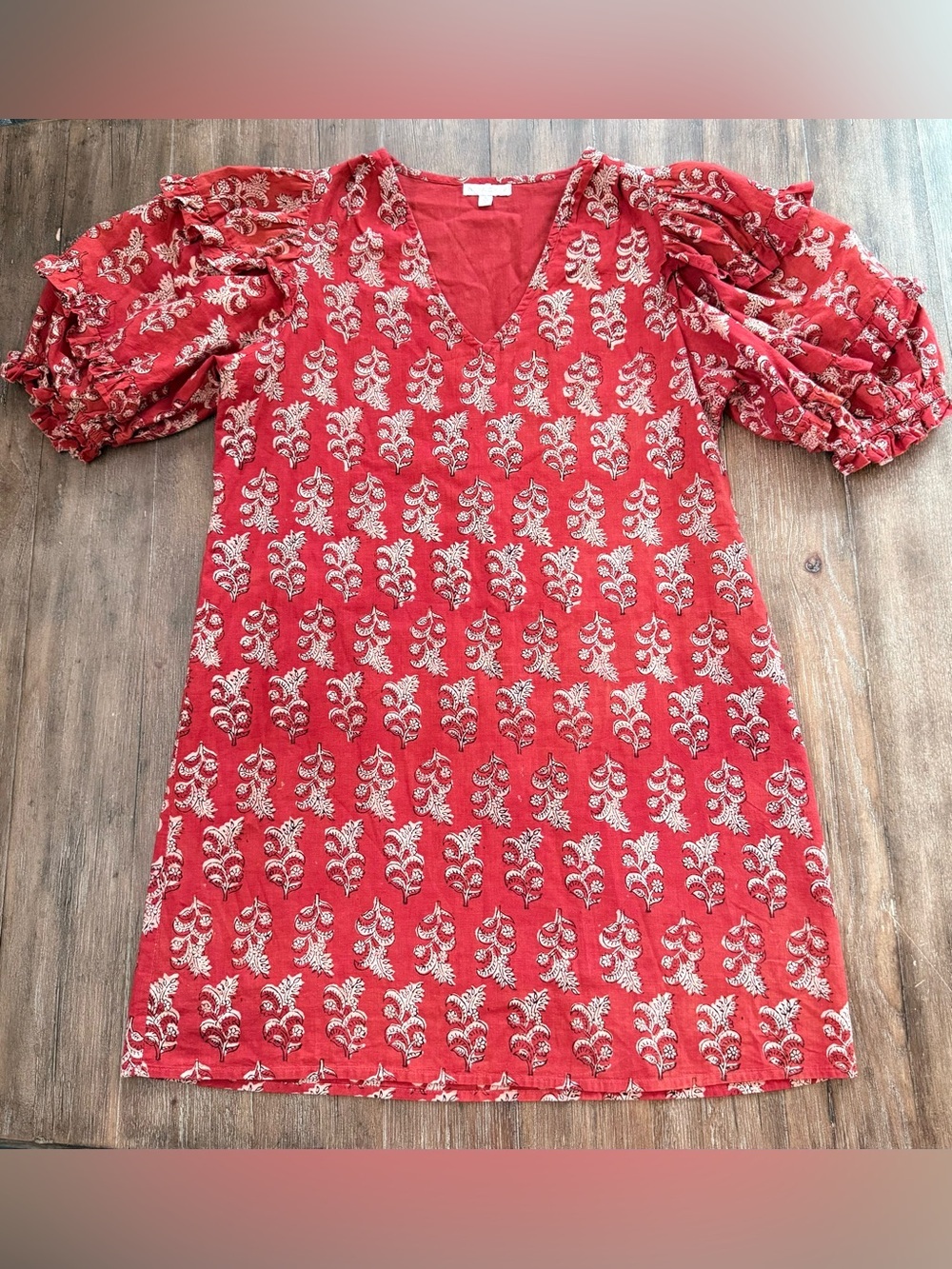 Anna Cate Rose Block Print Puff Sleeve Mini Dress Rust Red sz Medium boho cotton